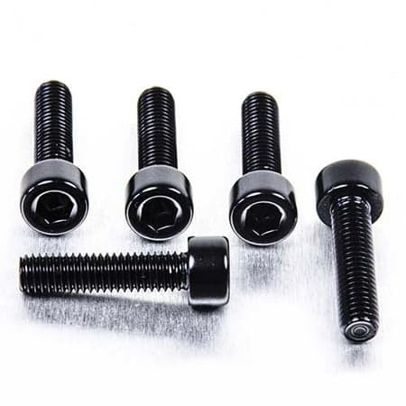 Black alloy parallel Allen head bolts in a pack of five, featuring a hexagonal socket, measuring M5 x 0.80mm x 20mm, with a sleek finish.