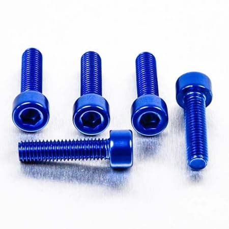 Five blue alloy parallel Allen head bolts, each 20mm long with an M5 x 0.80mm thread, featuring a shiny finish and hexagonal socket for easy installation.