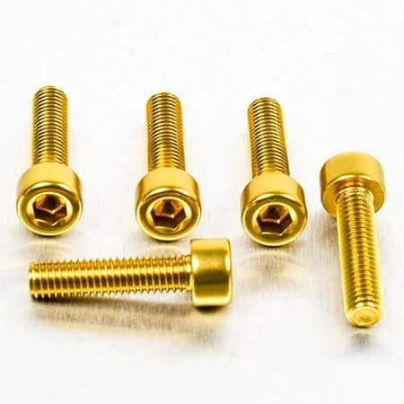 Five gold alloy parallel Allen head bolts, each measuring M5 x 0.80mm x 20mm, showcasing a shiny finish and hexagonal sockets for easy installation.