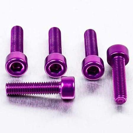 Five purple alloy bolts with parallel Allen heads, measuring M5 x 0.80mm x 20mm, showcasing a shiny finish and hexagonal recess for easy installation.