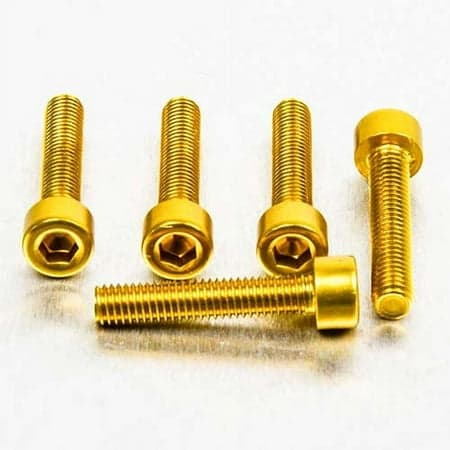 Five gold alloy parallel Allen head bolts, each measuring M5 x 0.80mm x 25mm, showcasing a shiny finish and hexagonal sockets for easy installation.