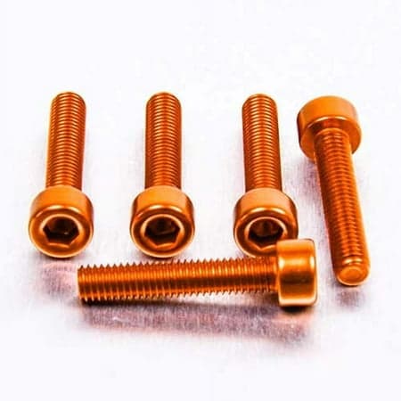 Five orange alloy bolts with parallel Allen heads, measuring M5 x 0.80mm x 25mm, showcasing a shiny finish and hexagonal socket design.