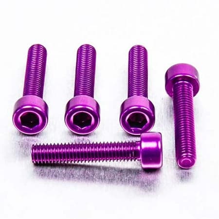 Five purple alloy parallel Allen head bolts, each measuring M5 x 0.80mm x 25mm, featuring a shiny finish and hexagonal recess for easy installation.