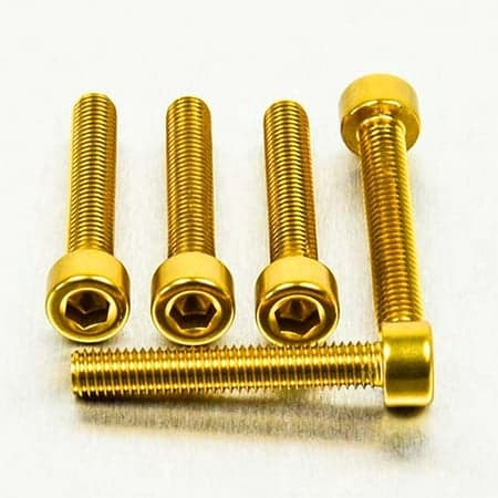 Five gold alloy parallel Allen head bolts, M5 x 0.80mm x 30mm, featuring a hexagonal socket and a shiny finish, arranged in a group on a light background.