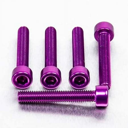 Five purple alloy parallel Allen head bolts, each measuring M5 x 0.80mm x 30mm, showcasing a shiny finish and hexagonal socket for easy installation.