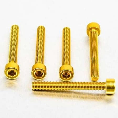 Five gold alloy parallel Allen head bolts, each measuring M5 x 0.80mm x 40mm, showcasing a shiny finish and hexagonal socket for easy installation.