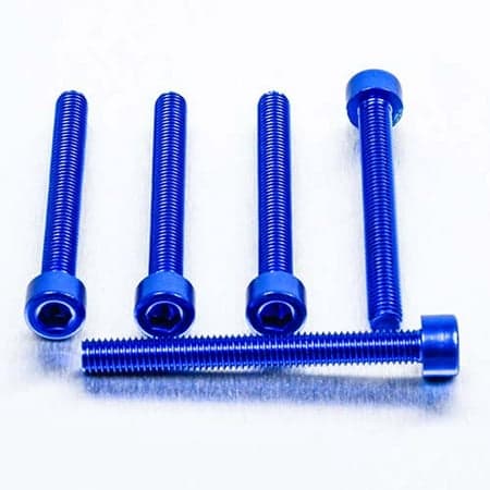 Five blue alloy parallel Allen head bolts, each measuring M5 x 0.80mm x 45mm, featuring a threaded design and a rounded head for secure fastening.