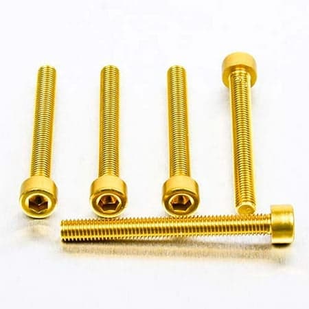 Five gold alloy parallel Allen head bolts, each measuring M5 X 0.80mm X 45mm, showcasing a shiny finish and hexagonal socket design.