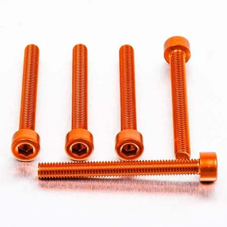 Five orange alloy bolts with parallel Allen heads, measuring M5 x 0.80mm x 45mm, showcasing a shiny finish and threaded design for secure fastening.