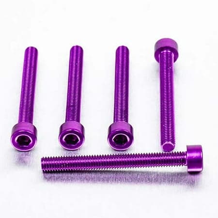 Five purple alloy bolts with parallel Allen heads, measuring M5 x 0.80mm x 45mm, showcasing a shiny finish and detailed threading.