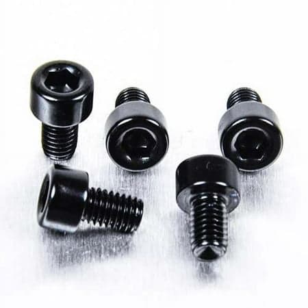 Five black alloy parallel Allen head bolts, each measuring M5 x 0.80mm x 8mm, featuring a smooth finish and hexagonal socket for easy tightening.