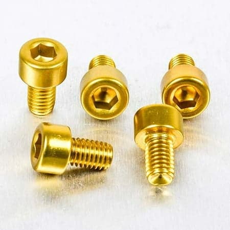 Five gold alloy parallel Allen head bolts, each measuring M5 x 0.80mm x 8mm, showcasing a shiny finish and hexagonal socket for easy installation.