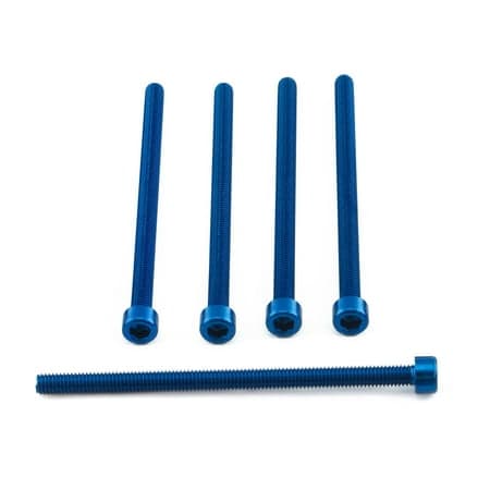 Five blue alloy parallel Allen head bolts, each measuring M6 x 1.00mm x 100mm, showcasing a sleek finish and hexagonal socket for easy installation.