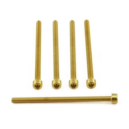 Five gold alloy parallel Allen head bolts, each measuring M6 x 1.00mm x 100mm, showcasing a shiny finish and hexagonal socket for easy installation.