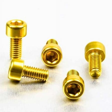 Five gold alloy parallel Allen head bolts, each measuring M6 x 1.00mm x 10mm, featuring a hexagonal socket for easy installation.
