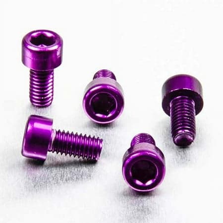 Five purple alloy bolts with parallel Allen heads, measuring M6 x 1.00mm x 10mm, showcasing a shiny finish and hexagonal sockets for easy installation.