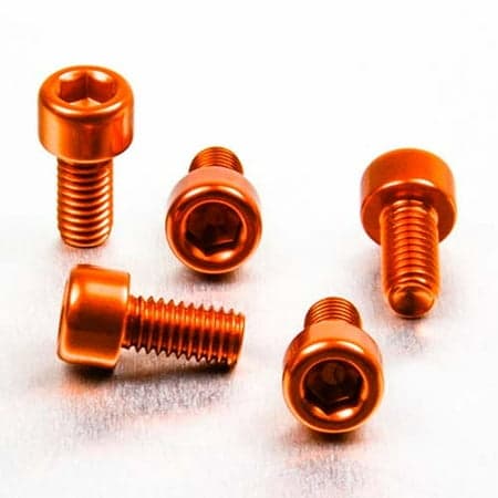 Five orange alloy parallel Allen head bolts, each measuring M6 x 1.00mm x 12mm, showcasing a shiny finish and hexagonal recess for easy installation.