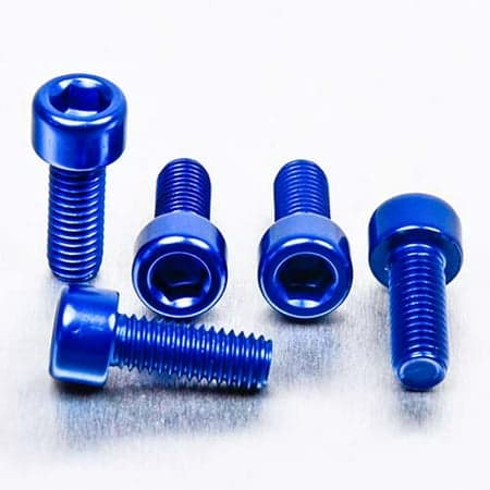 Five blue alloy parallel Allen head bolts, each measuring M6 X 1.00mm X 16mm, showcasing a shiny finish and hexagonal socket for easy installation.