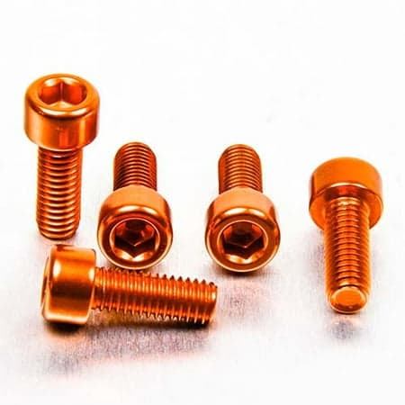 Five orange alloy bolts with parallel Allen heads, measuring M6 X 1.00mm X 16mm, showcasing a shiny finish and hexagonal recess for easy installation.
