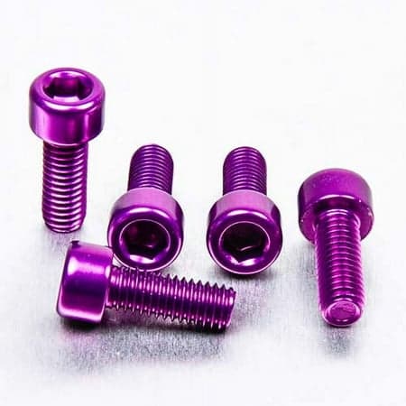 Five purple alloy parallel Allen head bolts, each measuring M6 X 1.00mm X 16mm, showcasing a shiny finish and hexagonal socket for tool engagement.