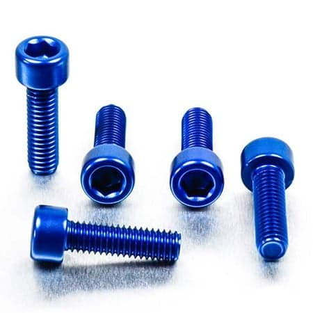 Five blue alloy parallel Allen head bolts, each measuring M6 x 1.00mm x 20mm, showcasing a shiny finish and hexagonal sockets for easy installation.