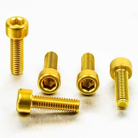 Five gold alloy parallel Allen head bolts, M6 x 1.00mm x 20mm, showcasing a shiny finish and hexagonal socket for easy installation.