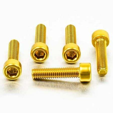 Five gold alloy parallel Allen head bolts, M6 x 1.00mm x 25mm, featuring a hexagonal socket and a shiny finish, arranged on a light background.