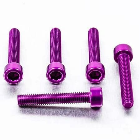 Five purple alloy parallel Allen head bolts, each measuring M6 x 1.00mm x 30mm, showcasing a shiny finish and hexagonal socket for easy installation.