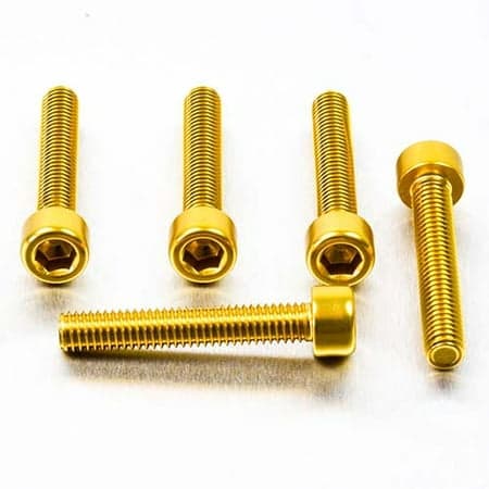 Five gold alloy parallel Allen head bolts, each measuring M6 X 1.00mm X 35mm, showcasing a shiny finish and hexagonal sockets for easy installation.