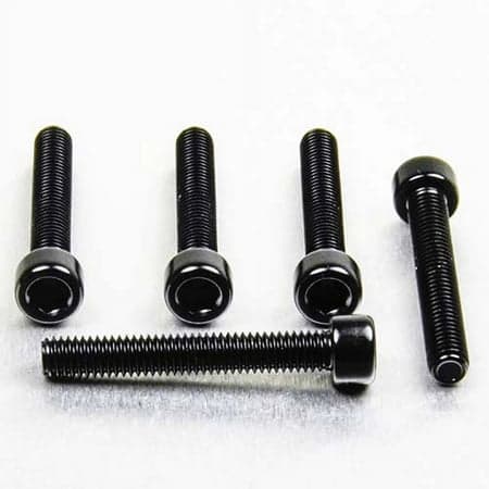 Five black alloy parallel Allen head bolts, each measuring M6 x 1.00mm x 40mm, showcasing a smooth finish and rounded heads, ideal for various applications.