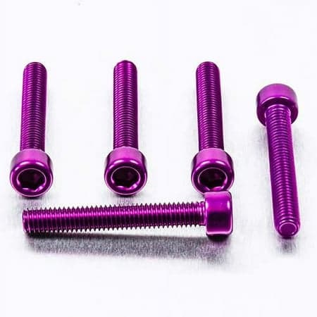 Five purple alloy parallel Allen head bolts, each measuring M6 x 1.00mm x 40mm, showcasing a shiny finish and hexagonal socket for easy installation.