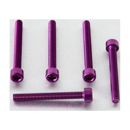 Five purple alloy bolts with parallel Allen heads, measuring M6 x 1.00mm x 50mm, showcasing a shiny finish and detailed threading.