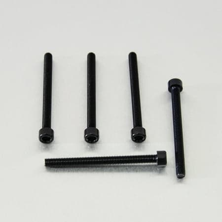 Five black alloy bolts with parallel Allen heads, measuring M6 x 1.00mm x 65mm, showcasing a sleek finish and durable material, ideal for various applications.