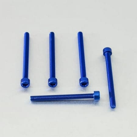 Five blue alloy parallel Allen head bolts, each measuring M6 x 1.00mm x 65mm, showcasing a shiny finish and hexagonal sockets for easy installation.