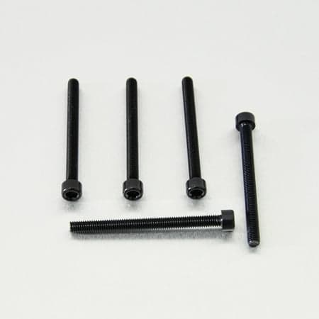 Five black alloy bolts with parallel Allen heads, measuring M6 x 1.00mm x 70mm, arranged on a light background.