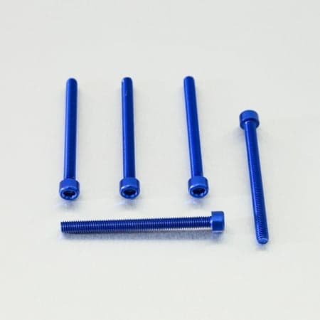 Five blue alloy parallel Allen head bolts, each measuring M6 x 1.00mm x 70mm, showcasing a shiny finish and hexagonal sockets for easy installation.