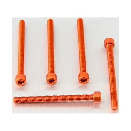 Five orange alloy bolts with parallel Allen heads, measuring M6 X 1.00mm X 70mm, showcasing a sleek, anodized finish for durability and style.