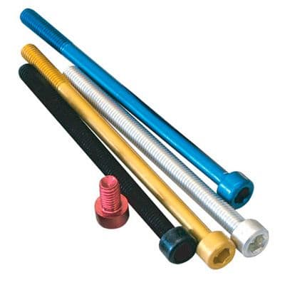 Five Pro-Bolt alloy parallel Allen head bolts in various colors, including silver, blue, gold, black, and red, all measuring M6 X 1.00mm X 70mm.