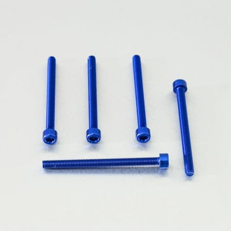 Five blue alloy parallel Allen head bolts, each measuring M6 x 1.00mm x 75mm, showcasing a smooth finish and hexagonal socket for easy installation.