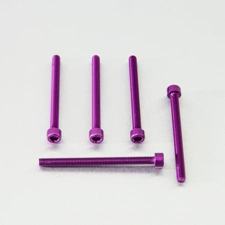 Five purple alloy parallel Allen head bolts, each measuring M6 X 1.00mm X 75mm, showcasing a sleek finish and hexagonal socket design.