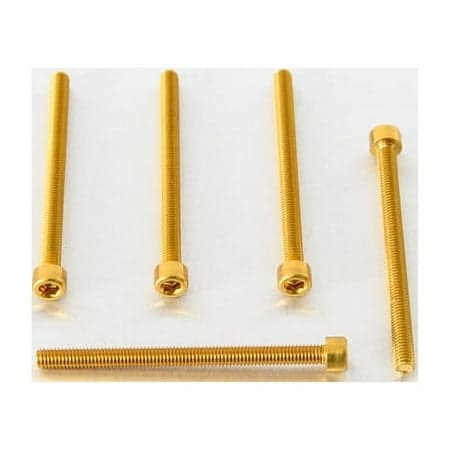Five gold alloy parallel Allen head bolts, each measuring M6 x 1.00mm x 80mm, showcasing a shiny finish and hexagonal socket for tool engagement.
