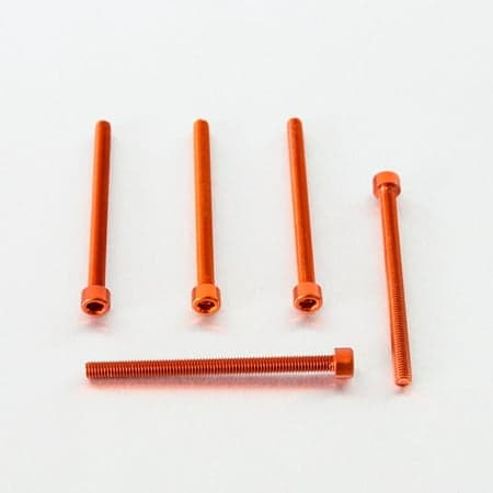 Five orange alloy parallel Allen head bolts, M6 x 1.00mm x 80mm, showcasing a smooth finish and hexagonal heads, arranged on a white background.