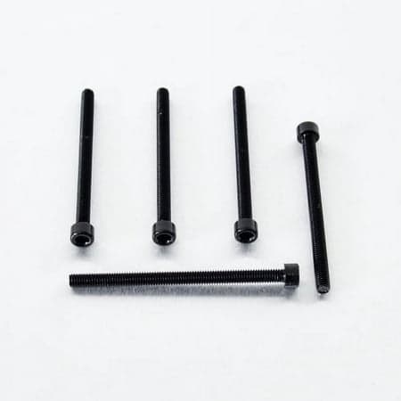 Five black alloy parallel Allen head bolts, each measuring M6 x 1.00mm x 85mm, showcasing a sleek finish and hexagonal socket heads for easy installation.