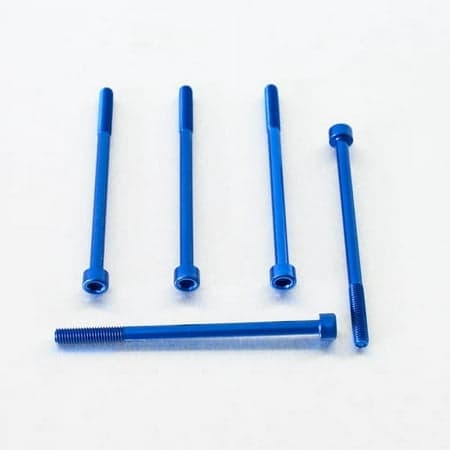 Five blue alloy parallel Allen head bolts, each measuring M6 x 1.00mm x 95mm, showcasing a sleek finish and precision threading.