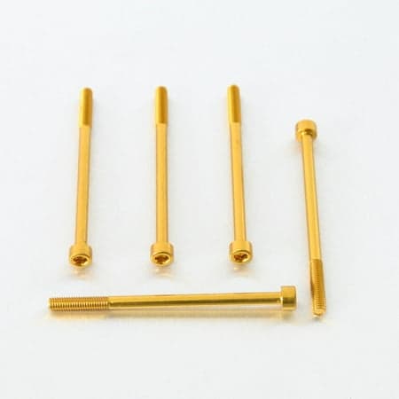Five gold alloy parallel Allen head bolts, each measuring M6 x 1.00mm x 95mm, showcasing a shiny finish and precise threading for secure fastening.