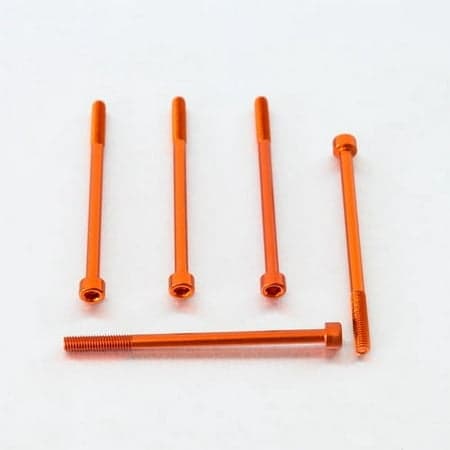 Five orange alloy bolts with parallel Allen heads, measuring M6 X 1.00mm X 95mm, showcasing a sleek, anodized finish for durability and style.
