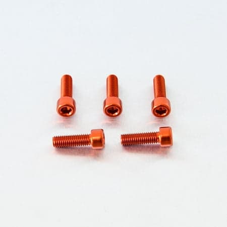 Five orange alloy parallel Allen head bolts, each measuring M8 x 1.25mm x 25mm, showcasing a shiny finish and hexagonal recess for easy installation.