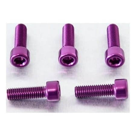 Five purple alloy parallel Allen head bolts, each measuring M8 x 1.25mm x 25mm, showcasing a shiny finish and hexagonal socket for easy installation.