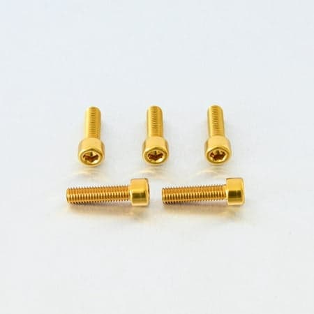 Five gold alloy bolts with parallel Allen heads, measuring M8 x 1.25mm x 30mm, showcasing a shiny finish and precise threading.