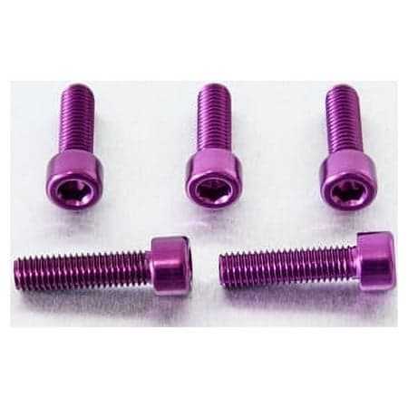 Five purple alloy bolts with parallel Allen heads, measuring M8 x 1.25mm x 30mm, showcasing a shiny finish and durable design, ideal for various applications.